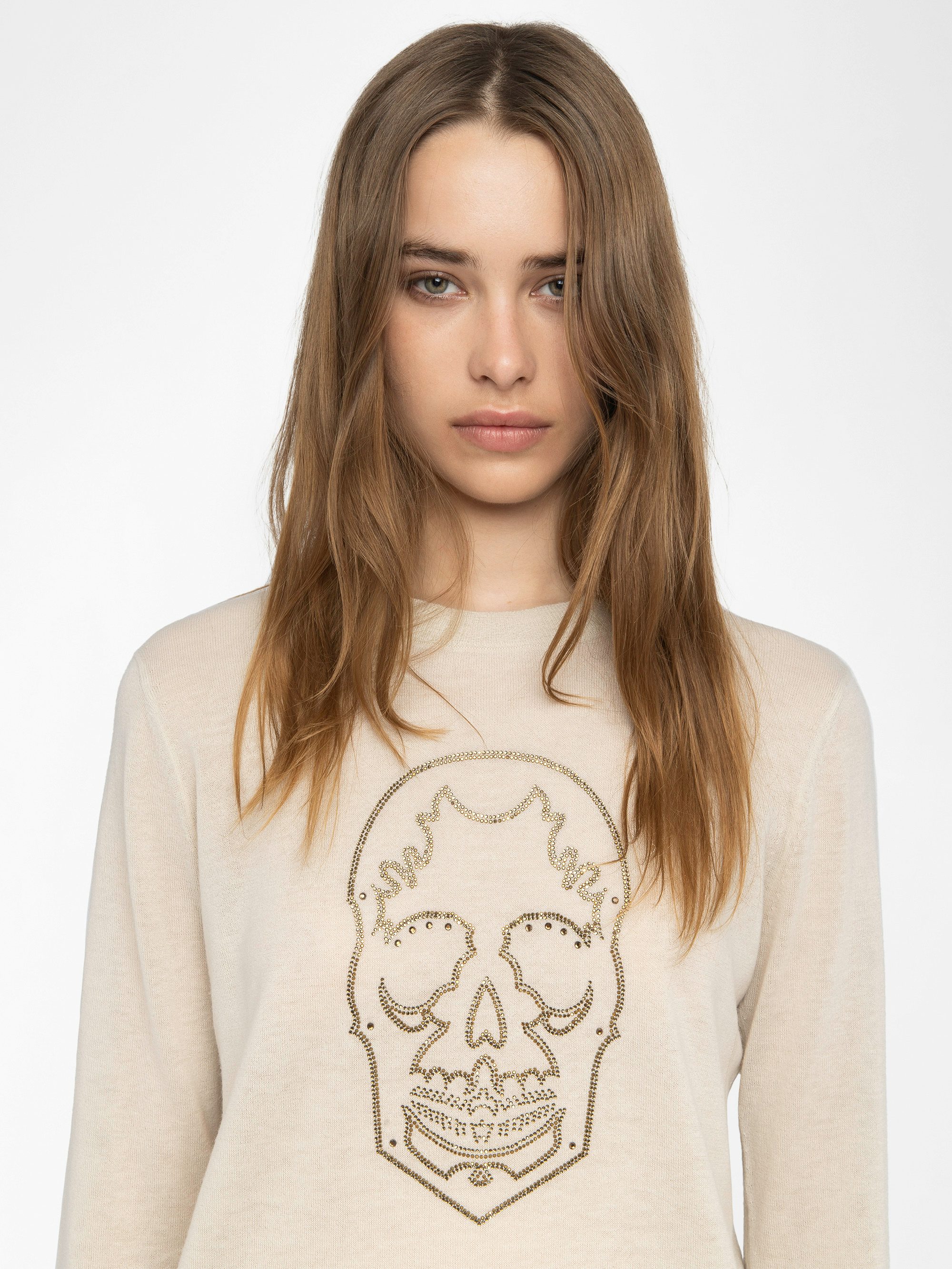 Miss Cashmere Sweater - Round neck sweater with rhinestone skull.